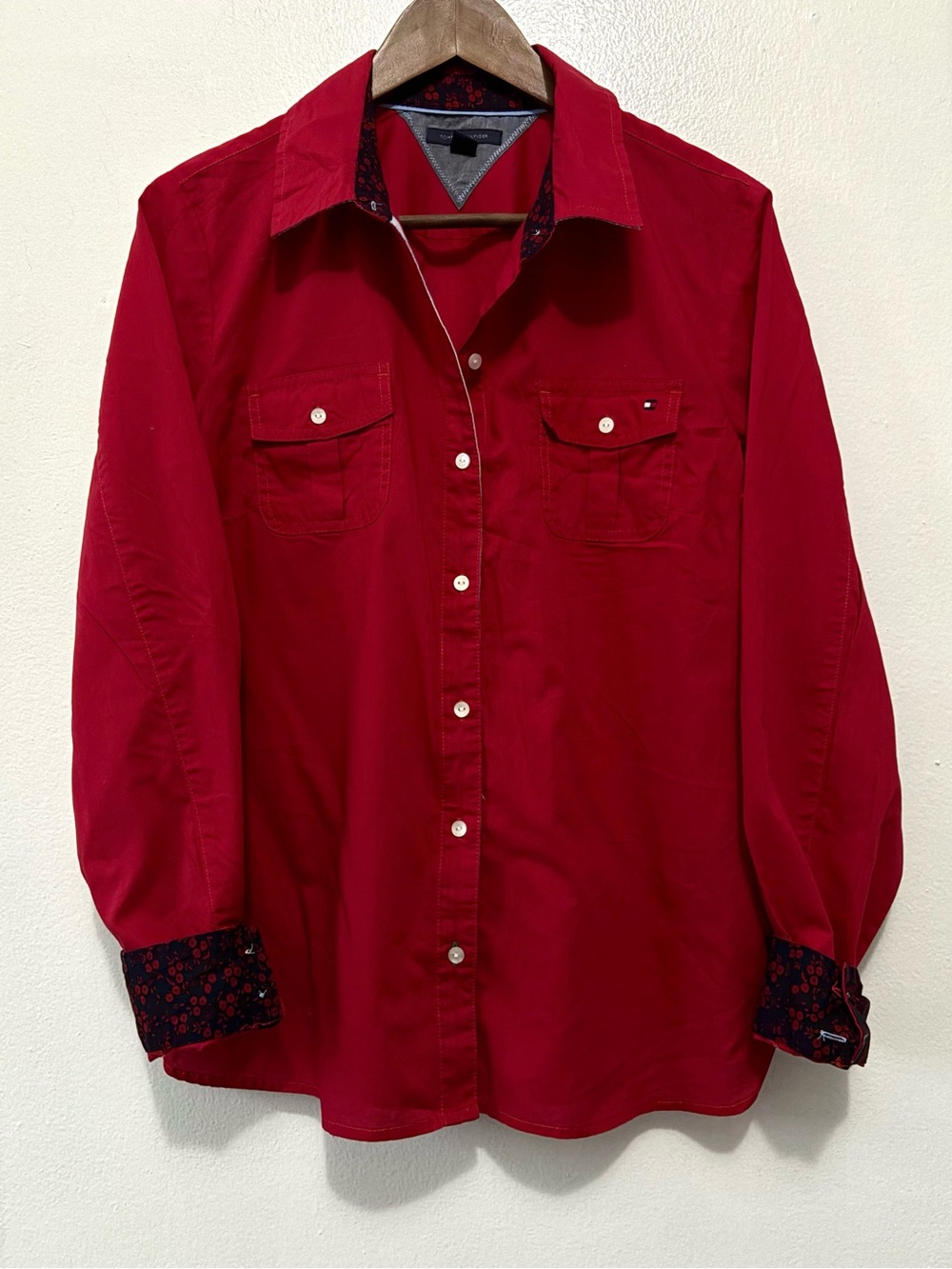 Tommy Hilfiger Red Button Down Shirt with Navy Floral Trim